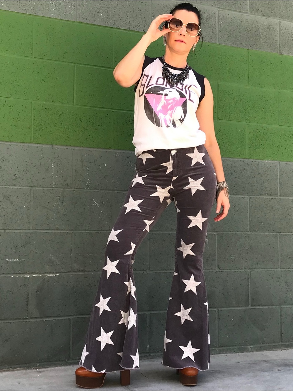 Star Print Flared Corduroy Pants Gray & White